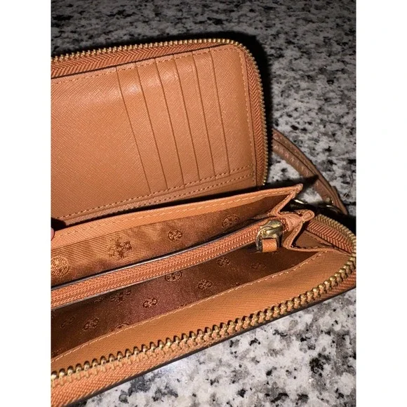 Tory Burch Leather Wallet Wristlet Tan Brown Zip Around Clutch Logo Pouch - Picture 7 of 12